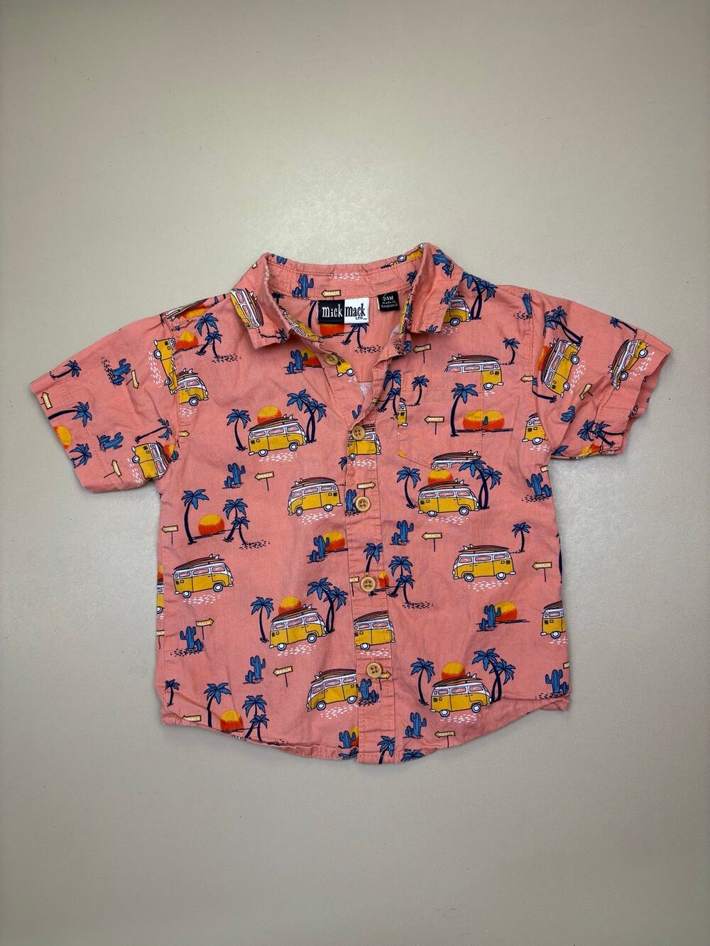 Mick Mack LTD Boys Button Up Shirt 24M Pink Beach Surf Van Hawaiian EUC